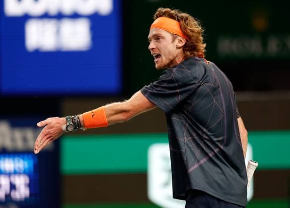 (231015) -- SHANGHAI, Oct. 15, 2023 -- Andrey Rublev reacts during the men s singles final between Andrey Rublev of Russia and Hubert Hurkacz of Poland at the ATP, Tennis Herren World Tour Shanghai Masters tennis tournament at Qizhong Forest Sports City Arena in Shanghai, east China, Oct. 15, 2023. ) (SP)CHINA-SHANGHAI-TENNIS-ATP TOUR-SHANGHAI MASTERS(CN) WangxLili 