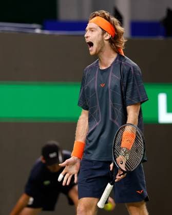 (231015) -- SHANGHAI, Oct. 15, 2023 -- Andrey Rublev reacts during the men s singles final between Andrey Rublev of Russia and Hubert Hurkacz of Poland at the ATP, Tennis Herren World Tour Shanghai Masters tennis tournament at Qizhong Forest Sports City Arena in Shanghai, east China, Oct. 15, 2023. ) (SP)CHINA-SHANGHAI-TENNIS-ATP TOUR-SHANGHAI MASTERS(CN) WangxLili 