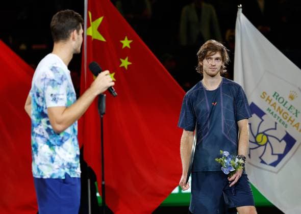(231015) -- SHANGHAI, Oct. 15, 2023 -- Andrey Rublev (R) of Russia reacts as Hubert Hurkacz of Poland speaks during the awarding ceremony after the men s singles final at the ATP, Tennis Herren World Tour Shanghai Masters tennis tournament at Qizhong Forest Sports City Arena in Shanghai, east China, Oct. 15, 2023. ) (SP)CHINA-SHANGHAI-TENNIS-ATP TOUR-SHANGHAI MASTERS(CN) WangxLili 