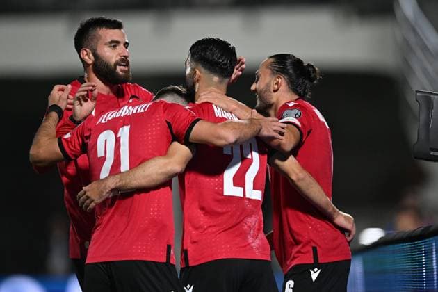 Georgia 4-0 Cyprus Levan Shengelia ( 19 of Georgia), Anzor Mekvabishvili ( 21 of Georgia), Georges Mikautadze ( 22 of Georgia) and Giorgi Kochorashvili ( 6 of Georgia) celebrate the goal, European Qualifiers, Group A, Georgia 4-0 Cyprus Tbilisi Mikheil Meskhi stadium Georgia Copyright: xTamunaxKulumbegashvilix KUL_5409