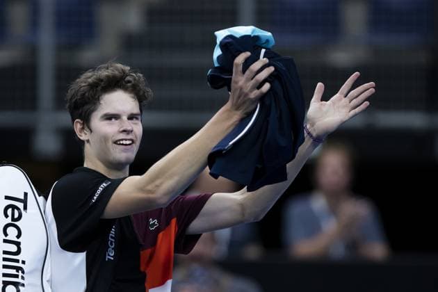 Belgian Alexander Blockx celebrates after winning a qualifications match for the European Open Tennis ATP, Tennis Herren tournament, in Antwerp, Sunday 15 October 2023. KRISTOFxVANxACCOM  x77786435x
