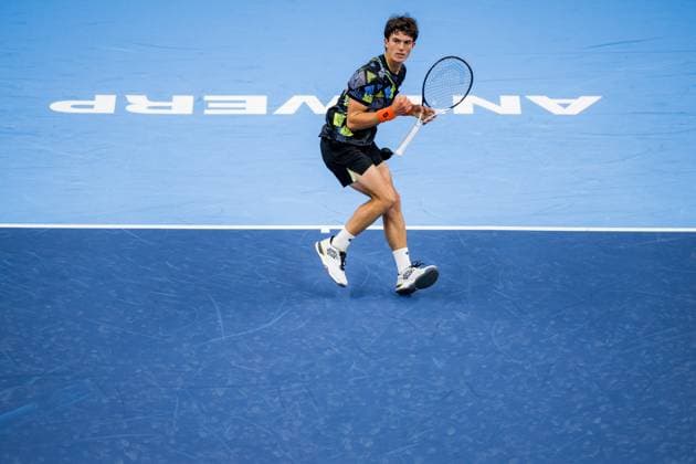 Belgian Gilles-Arnaud Bailly pictured in action during a qualifications match for the European Open Tennis ATP, Tennis Herren tournament, in Antwerp, Sunday 15 October 2023. JASPERxJACOBS  x77792178x