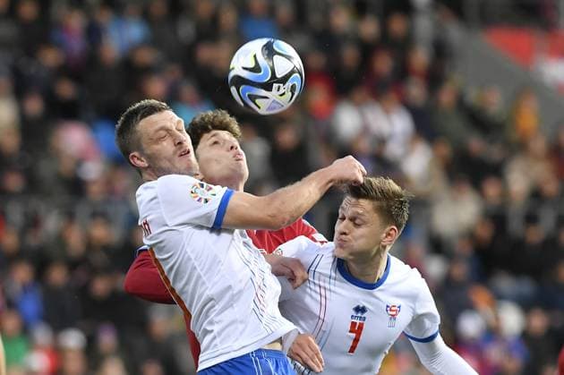 L-R Solvi Vatnhamar (FRO), Ladislav Krejci (CZE) and Paetur Petersen (FRO) in action during the Group E match of the 2024 European Football Championship qualifiers: Czech Republic - Faroe Islands, Pilsen, Czech Republic, on October 15, 2023. (CTKxPhoto MiroslavxChaloupka) CTKPhotoP2023101505171  CTKPhotoP2023101505171
