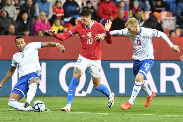 L-R Sonni Ragnar Nattestad (FRO), Tomas Cvancara (CZE) and Odmar Faero (FRO) in action during the Group E match of the 2024 European Football Championship qualifiers: Czech Republic - Faroe Islands, Pilsen, Czech Republic, on October 15, 2023. (CTKxPhoto MiroslavxChaloupka) CTKPhotoP2023101505282  CTKPhotoP2023101505282
