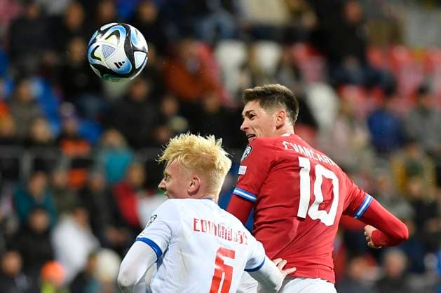 L-R Andrias Edmundsson (FRO) and Tomas Cvancara (CZE) in action during the Group E match of the 2024 European Football Championship qualifiers: Czech Republic - Faroe Islands, Pilsen, Czech Republic, on October 15, 2023. (CTKxPhoto MiroslavxChaloupka) CTKPhotoP2023101505604  CTKPhotoP2023101505604