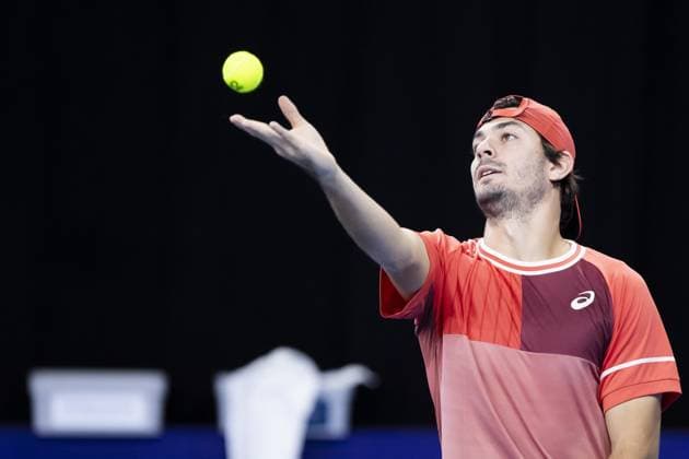 French Giulio Zeppieri serves during a qualifications match for the European Open Tennis ATP, Tennis Herren tournament, in Antwerp, Sunday 15 October 2023. KRISTOFxVANxACCOM  x77793700x