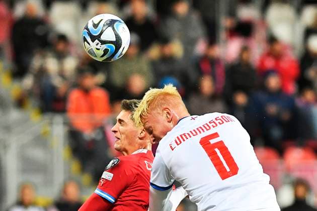 L-R Tomas Cvancara (CZE) and Andrias Edmundsson (FRO) in action during the Group E match of the 2024 European Football Championship qualifiers: Czech Republic - Faroe Islands, Pilsen, Czech Republic, on October 15, 2023. (CTKxPhoto MiroslavxChaloupka) CTKPhotoP2023101505758  CTKPhotoP2023101505758