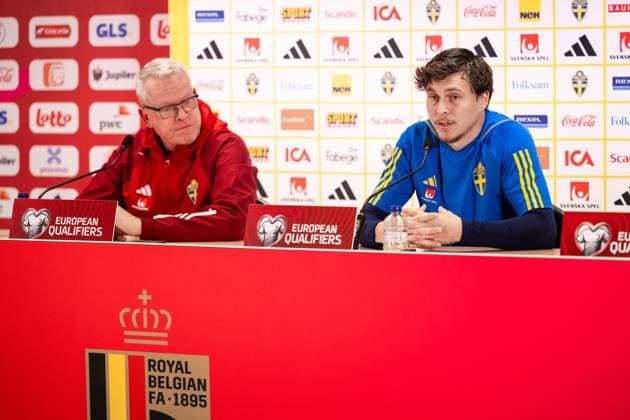 231015 Head coach Janne Andersson and Victor Nilsson Lindelöf of the Swedish national football team during a press conference, PK, Pressekonferenz on October 15, 2023 in Brussels. Photo: Joel Marklund BILDBYRAN kod JM JM0536 bbeng fotboll football soccer fotball em-kval UEFA EURO, EM, Europameisterschaft,Fussball Qualifier, EM, Europameisterschaft presskonferens press conference sverige sweden sverige a Copyright: JOELxMARKLUND BB231015JM068