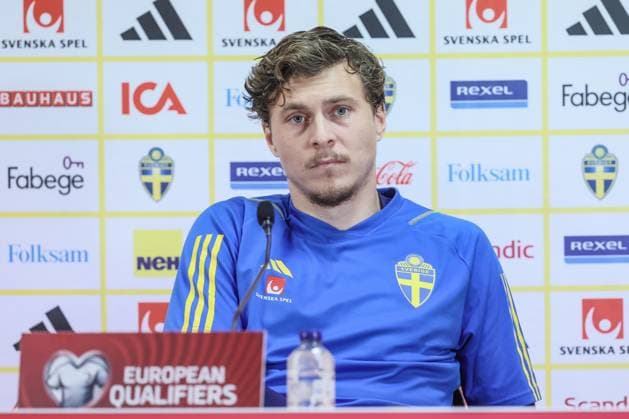 Sweden s Victor Lindelof pictured during a press conference, PK, Pressekonferenz of the Swedish national soccer team, at the King Baudouin stadium (Stade Roi Baudouin - Koning Boudewijn stadion), Sunday 15 October 2023. The Belgian national soccer team Red Devils are playing against Sweden on Monday, match 7 8 in Group F of the Euro 2024 qualifications. BRUNOxFAHY  x77794617x