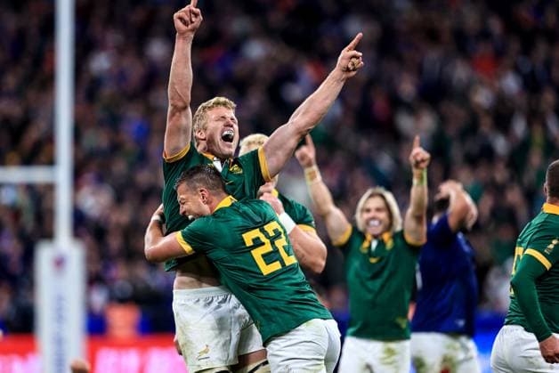 Sport Themen der Woche KW41 Sport Bilder des Tages 2023 Rugby World Cup Quarter-Final, Stade de France, Paris, France 15 10 2023 France vs South Africa South Africa s Handre Pollard and Pieter-Steph du Toit Handre Pollard and Pieter-Steph du Toit celebrate after the game 15 10 2023  Copyright: x INPHO DanxSheridanx AJ5I5106