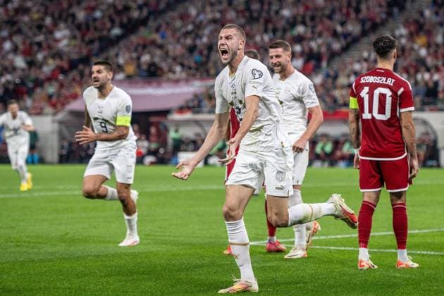 BUDAPEST, HUNGARY - OCTOBER 14: Strahinja Pavlovic of Serbia celebrate after scoring goal during the UEFA EURO, EM, Europameisterschaft,Fussball 2024 European qualifier match between Hungary and Serbia at Puskas Arena on October 14, 2023 in Budapest, Hungary. Photo by Sebastian Frej Hungary v Serbia: Group G - UEFA EURO 2024 European Qualifiers Copyright: xSebastianxFrejx