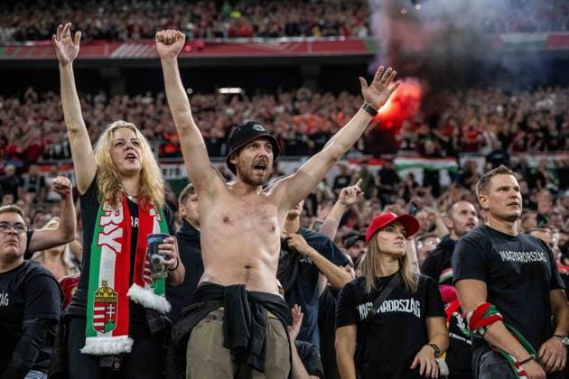 BUDAPEST, HUNGARY - OCTOBER 14: Hungarian fans during the UEFA EURO, EM, Europameisterschaft,Fussball 2024 European qualifier match between Hungary and Serbia at Puskas Arena on October 14, 2023 in Budapest, Hungary. Photo by Sebastian Frej Hungary v Serbia: Group G - UEFA EURO 2024 European Qualifiers Copyright: xSebastianxFrejx