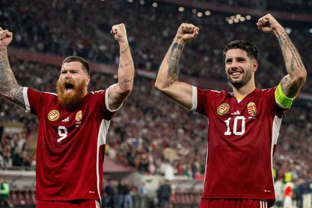BUDAPEST, HUNGARY - OCTOBER 14: Martin Adam, Dominik Szoboszlai of Hungary celebrates during the UEFA EURO, EM, Europameisterschaft,Fussball 2024 European qualifier match between Hungary and Serbia at Puskas Arena on October 14, 2023 in Budapest, Hungary. Photo by Sebastian Frej Hungary v Serbia: Group G - UEFA EURO 2024 European Qualifiers Copyright: xSebastianxFrejx
