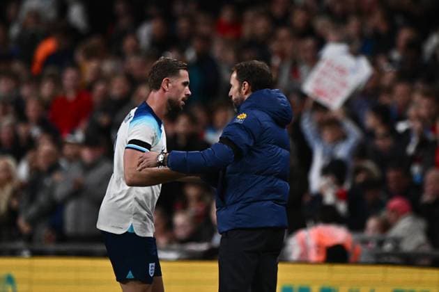 LONDON, ENGLAND - OCTOBER 13: Jordan Henderson, Gareth Southgate of England during the International Friendly, Länderspiel, Nationalmannschaft match between England and Australia at Wembley Stadium on October 13, 2023 in London, England. England v Australia - International Friendly Copyright: xSebastianxFrejx