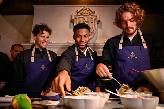 Austrian Dominic Thiem, French Arthur Fils and Greek Stefanos Tsitsipas pictured during the media day of the European Open Tennis ATP, Tennis Herren tournament, at the Frites Atelier of Sergio Herman , in Antwerp, Monday 16 October 2023. LAURIExDIEFFEMBACQ  x77839141x
