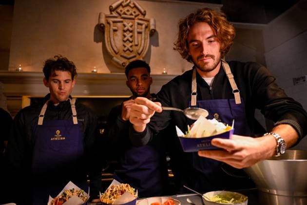 Austrian Dominic Thiem, French Arthur Fils and Greek Stefanos Tsitsipas pictured during the media day of the European Open Tennis ATP, Tennis Herren tournament, at the Frites Atelier of Sergio Herman , in Antwerp, Monday 16 October 2023. LAURIExDIEFFEMBACQ  x77839189x