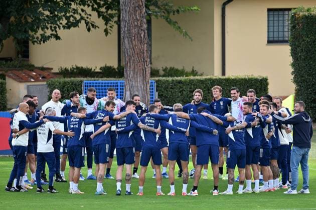 October 16, 2023, Florence, Italy: Italy team during a training session of the Italian national soccer team at the Coverciano traning centre near Florence, Italy, 16 October 2023.ANSA CLAUDIO GIOVANNINI Ultimo allenamento a Coverciano, Spalletti carica gli azzurri  - ZUMAa110 20231016_zaf_a110_004 Copyright: xClaudioxGiovanninix