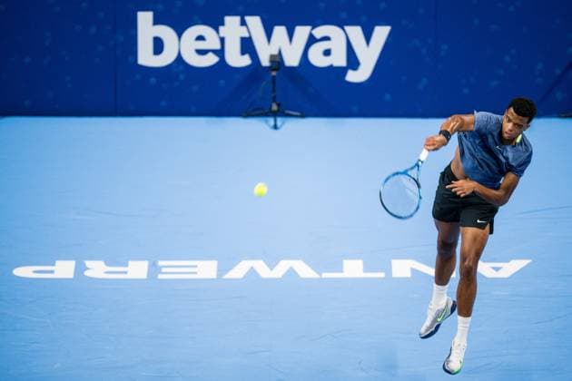 French Giovanni Mpetshi Perricard pictured in action during a qualifications match for the European Open Tennis ATP, Tennis Herren tournament, in Antwerp, Monday 16 October 2023. JASPERxJACOBS  x77842271x