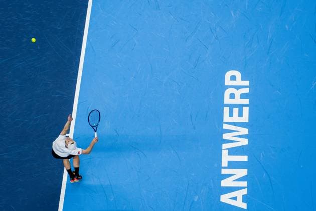 Belgian Gauthier Onclin pictured in action during a qualifications match for the European Open Tennis ATP, Tennis Herren tournament, in Antwerp, Monday 16 October 2023. JASPERxJACOBS  x77842276x