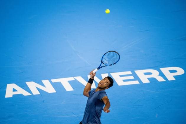 French Giovanni Mpetshi Perricard pictured in action during a qualifications match for the European Open Tennis ATP, Tennis Herren tournament, in Antwerp, Monday 16 October 2023. JASPERxJACOBS  x77842330x