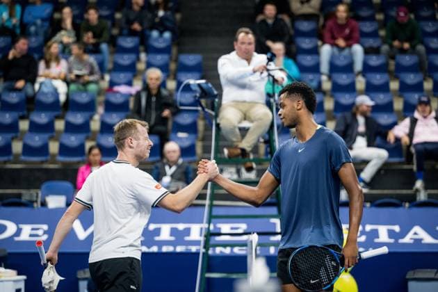 Belgian Gauthier Onclin and French Giovanni Mpetshi Perricard pictured after a qualifications match for the European Open Tennis ATP, Tennis Herren tournament, in Antwerp, Monday 16 October 2023. JASPERxJACOBS  x77844806x