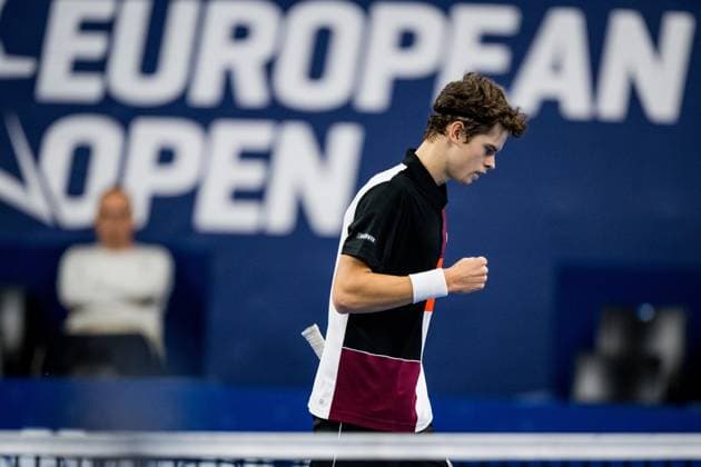 Belgian Alexander Blockx reacts during a qualifications match for the European Open Tennis ATP, Tennis Herren tournament, in Antwerp, Monday 16 October 2023. JASPERxJACOBS  x77846365x