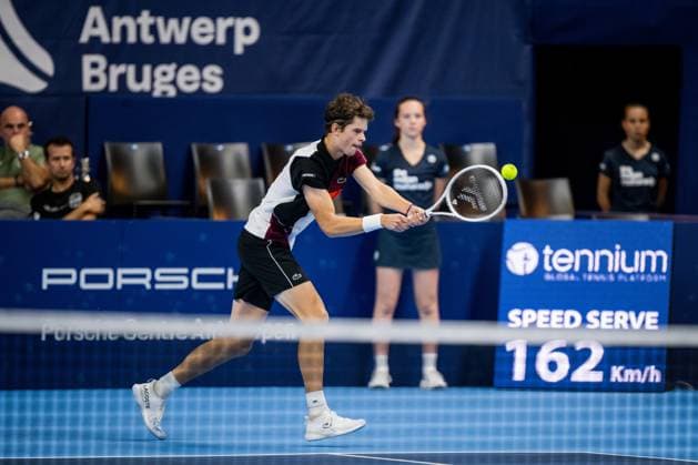 Belgian Alexander Blockx pictured in action during a qualifications match for the European Open Tennis ATP, Tennis Herren tournament, in Antwerp, Monday 16 October 2023. JASPERxJACOBS  x77846752x
