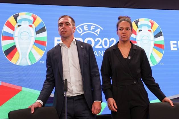 Frankfurt am Main am 16.Oktober 2023 Deutsche Bank Park Medientermin der EURO 2024 GmbH v.l., Philipp Lahm Turnierdirektor der UEFA EURO, EM, Europameisterschaft,Fussball 2024 und Celia Sasic Botschafterin der UEFA EURO 2024 Copyright: JoaquimxFerreira