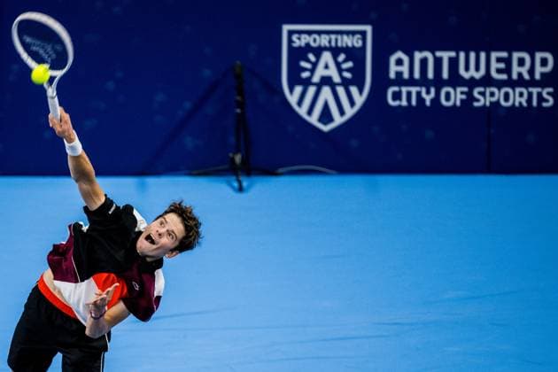 Belgian Alexander Blockx pictured in action during a qualifications match for the European Open Tennis ATP, Tennis Herren tournament, in Antwerp, Monday 16 October 2023. JASPERxJACOBS  x77849003x