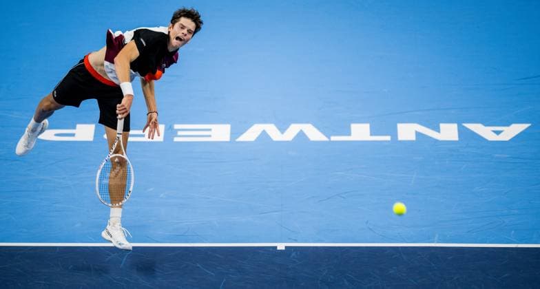 Belgian Alexander Blockx pictured in action during a qualifications match for the European Open Tennis ATP, Tennis Herren tournament, in Antwerp, Monday 16 October 2023. JASPERxJACOBS  x77849013x