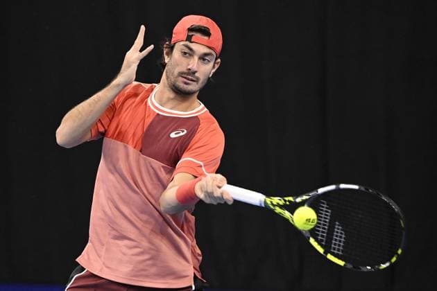 Italian Giulio Zeppieri pictured in action during a qualifications match for the European Open Tennis ATP, Tennis Herren tournament, in Antwerp, Monday 16 October 2023. LAURIExDIEFFEMBACQ  x77849543x