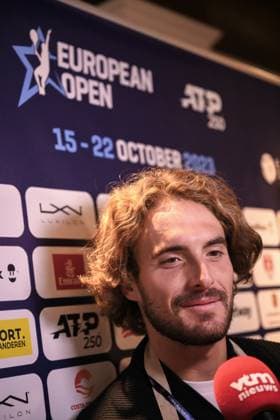 Greek Stefanos Tsitsipas pictured during the media day of the European Open Tennis ATP, Tennis Herren tournament, at the Frites Atelier of Sergio Herman , in Antwerp, Monday 16 October 2023. LAURIExDIEFFEMBACQ  x77849601x