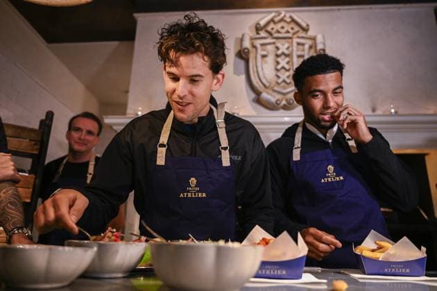 Austrian Dominic Thiem and French Arthur Fils pictured during the media day of the European Open Tennis ATP, Tennis Herren tournament, at the Frites Atelier of Sergio Herman , in Antwerp, Monday 16 October 2023. LAURIExDIEFFEMBACQ  x77849728x
