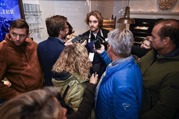 Greek Stefanos Tsitsipas talks to the press during the media day of the European Open Tennis ATP, Tennis Herren tournament, at the Frites Atelier of Sergio Herman , in Antwerp, Monday 16 October 2023. LAURIExDIEFFEMBACQ  x77849752x