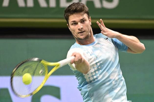 STOCKHOLM 20231016 Miomir Kecmanovic (Sebien) i sin match mot Karl Friberg (Sverige) under tennisturneringen Nordic Open i Kungliga Tennishallen pa mandagen. STOCKHOLM SVERIGE x10030x