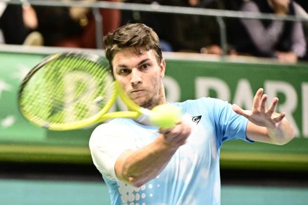 STOCKHOLM 20231016 Miomir Kecmanovic (Sebien) i sin match mot Karl Friberg (Sverige) under tennisturneringen Nordic Open i Kungliga Tennishallen pa mandagen. STOCKHOLM SVERIGE x10030x