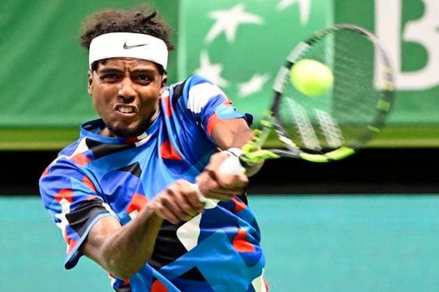 STOCKHOLM 20231016 Elias Ymer (Sverige) i sin match mot Roberto Bautista Agut (Spanien) under tennisturneringen Nordic Open i Kungliga Tennishallen pa mandagen. STOCKHOLM SVERIGE x10030x