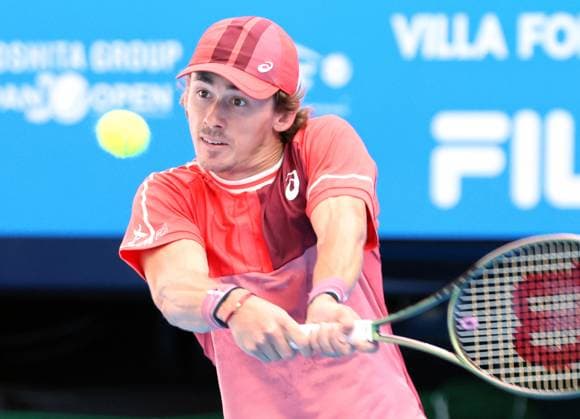 October 17, 2023, Tokyo, Japan - Alex De Minaur of Australia returns the ball against British Jack Draper during the first round match of the Japan Open tennis championships at the Ariake Colosseum in Tokyo on Tuesday, October 17, 2023. (photo by Yoshio Tsunoda AFLO) Noxthirdxpartyxsales  (0308870262st)
