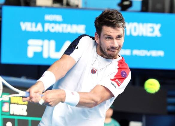 October 17, 2023, Tokyo, Japan - Cameron Norrie of Britain returns the ball against BTaylor Fritz of tghe United States during the first round match of the Japan Open tennis championships at the Ariake Colosseum in Tokyo on Tuesday, October 17, 2023. (photo by Yoshio Tsunoda AFLO) Noxthirdxpartyxsales  (0308899338st)