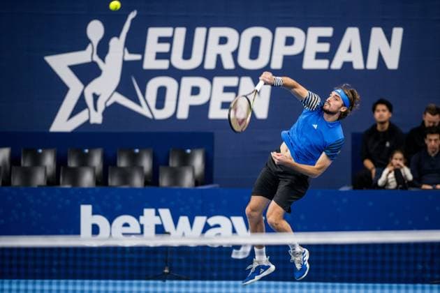 Greek Stefanos Tsitsipas pictured in action during a first round doubles match at the European Open Tennis ATP, Tennis Herren tournament, in Antwerp, Tuesday 17 October 2023. JASPERxJACOBS  x77908581x