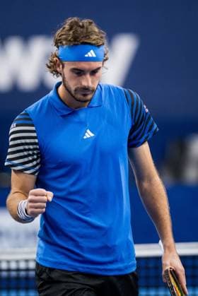 Greek Stefanos Tsitsipas pictured in action during a first round doubles match at the European Open Tennis ATP, Tennis Herren tournament, in Antwerp, Tuesday 17 October 2023. JASPERxJACOBS  x77908695x