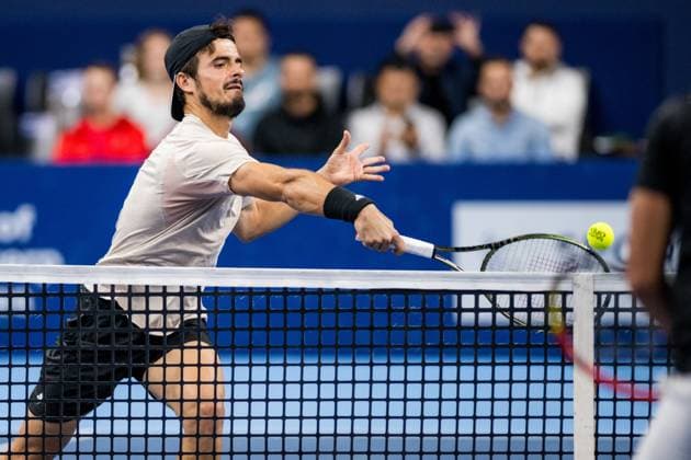 Mexican Miguel Angel Reyes Varela pictured in action during a first round doubles match at the European Open Tennis ATP, Tennis Herren tournament, in Antwerp, Tuesday 17 October 2023. JASPERxJACOBS  x77908602x