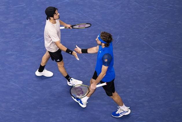 Greek Petros Tsitsipas and Greek Stefanos Tsitsipas react during a first round doubles match at the European Open Tennis ATP, Tennis Herren tournament, in Antwerp, Tuesday 17 October 2023. LAURIExDIEFFEMBACQ  x77909649x