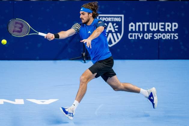 Greek Stefanos Tsitsipas pictured in action during a first round doubles match at the European Open Tennis ATP, Tennis Herren tournament, in Antwerp, Tuesday 17 October 2023. JASPERxJACOBS  x77909737x