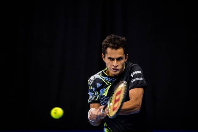 Juan Pablo Varillas pictured in action during a first round match at the European Open Tennis ATP, Tennis Herren tournament, in Antwerp, Tuesday 17 October 2023. JASPERxJACOBS  x77914450x