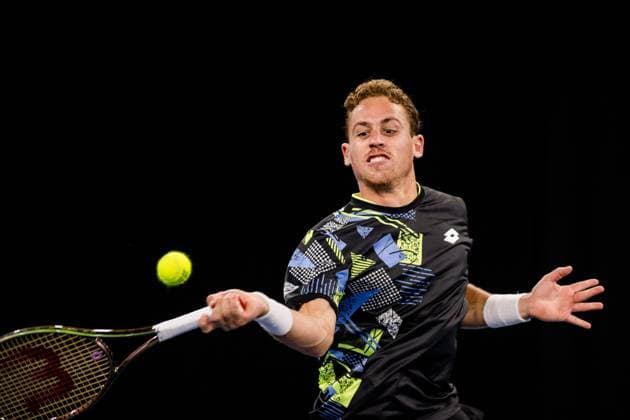 Spanish Roberto Carballes Baena pictured in action during a first round match at the European Open Tennis ATP, Tennis Herren tournament, in Antwerp, Tuesday 17 October 2023. JASPERxJACOBS  x77914477x