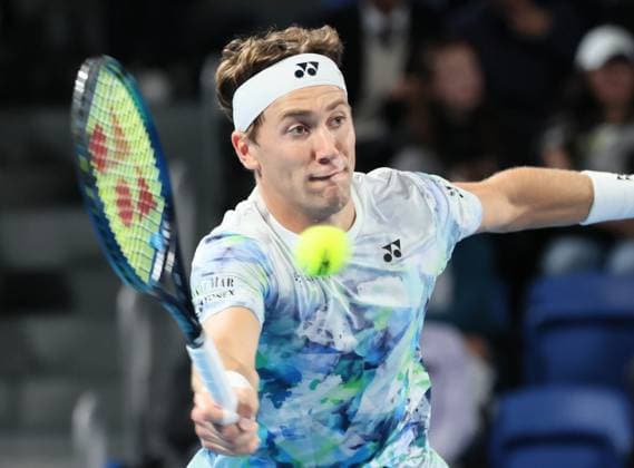 October 17, 2023, Tokyo, Japan - Casper Ruud of Norway returns the ball against Yosuke Watanuki of Japan during the first round match of the Japan Open tennis championships at the Ariake Colosseum in Tokyo on Tuesday, October 17, 2023. (photo by Yoshio Tsunoda AFLO) Noxthirdxpartyxsales  (0308939125st)