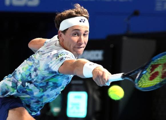 October 17, 2023, Tokyo, Japan - Casper Ruud of Norway returns the ball against Yosuke Watanuki of Japan during the first round match of the Japan Open tennis championships at the Ariake Colosseum in Tokyo on Tuesday, October 17, 2023. (photo by Yoshio Tsunoda AFLO) Noxthirdxpartyxsales  (0308939175st)