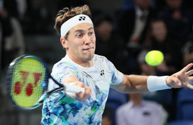 October 17, 2023, Tokyo, Japan - Casper Ruud of Norway returns the ball against Yosuke Watanuki of Japan during the first round match of the Japan Open tennis championships at the Ariake Colosseum in Tokyo on Tuesday, October 17, 2023. (photo by Yoshio Tsunoda AFLO) Noxthirdxpartyxsales  (0308939213st)