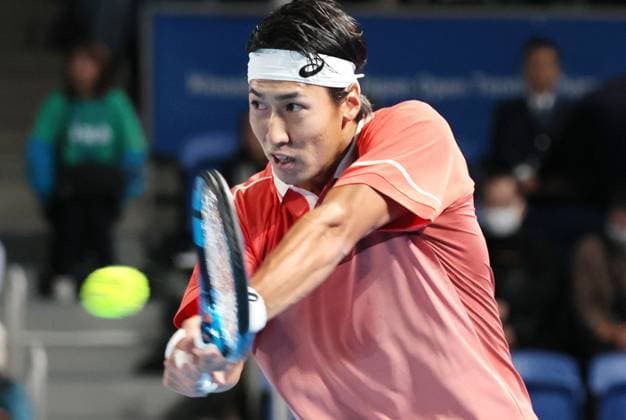 October 17, 2023, Tokyo, Japan - Yosuke Watanuki of Japan returns the ball against Casper Ruud of Norway during the first round match of the Japan Open tennis championships at the Ariake Colosseum in Tokyo on Tuesday, October 17, 2023. (photo by Yoshio Tsunoda AFLO) Noxthirdxpartyxsales  (0308939223st)